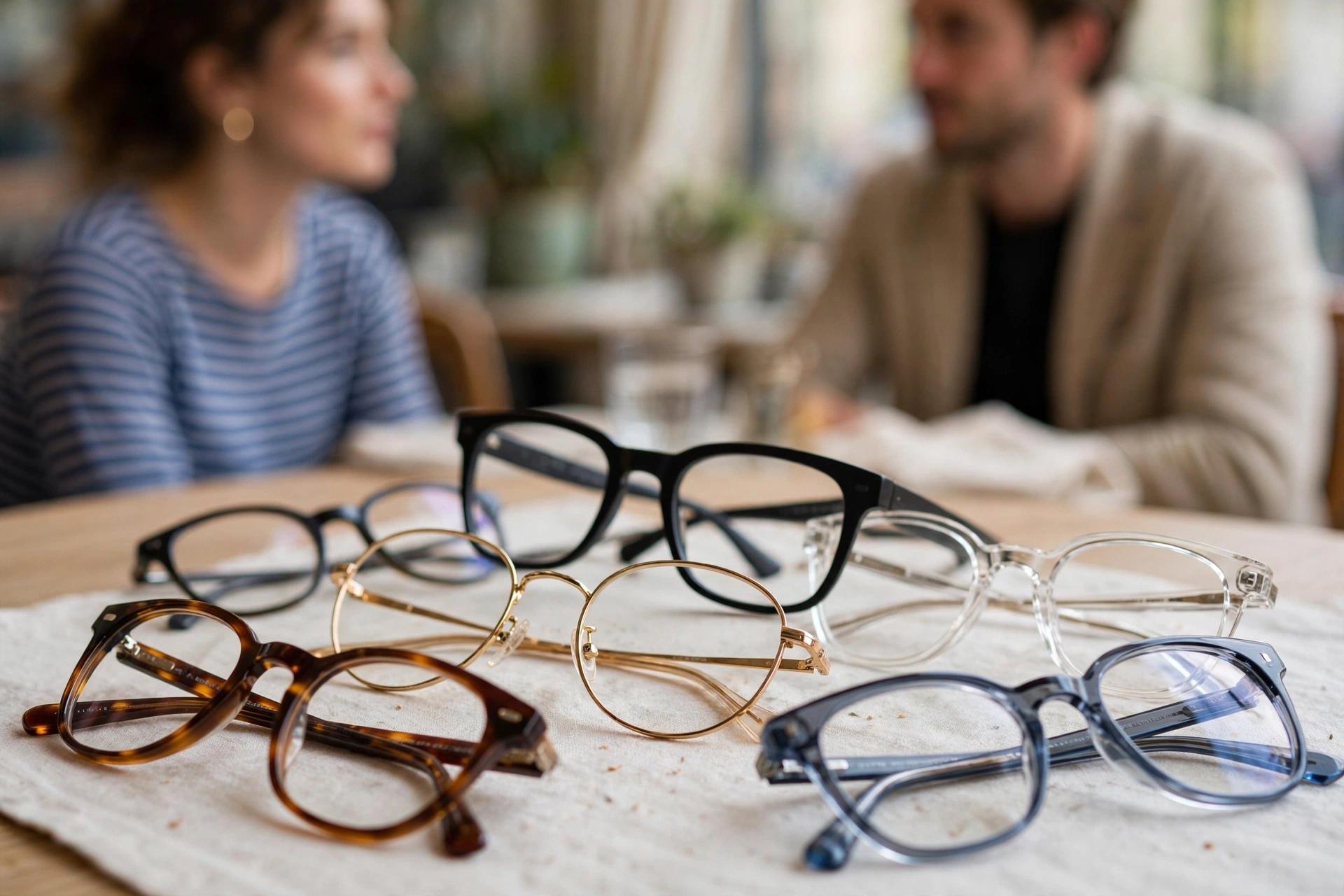 Gros plan esthétique sur plusieurs montures de lunettes contemporaines posées sur une table claire