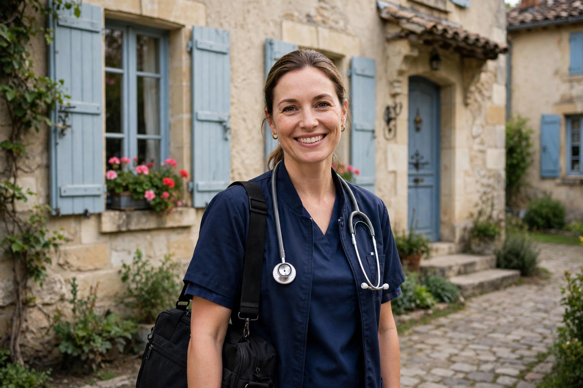 Infirmière libérale souriante devant un domicile, ambiance professionnelle et chaleureuse