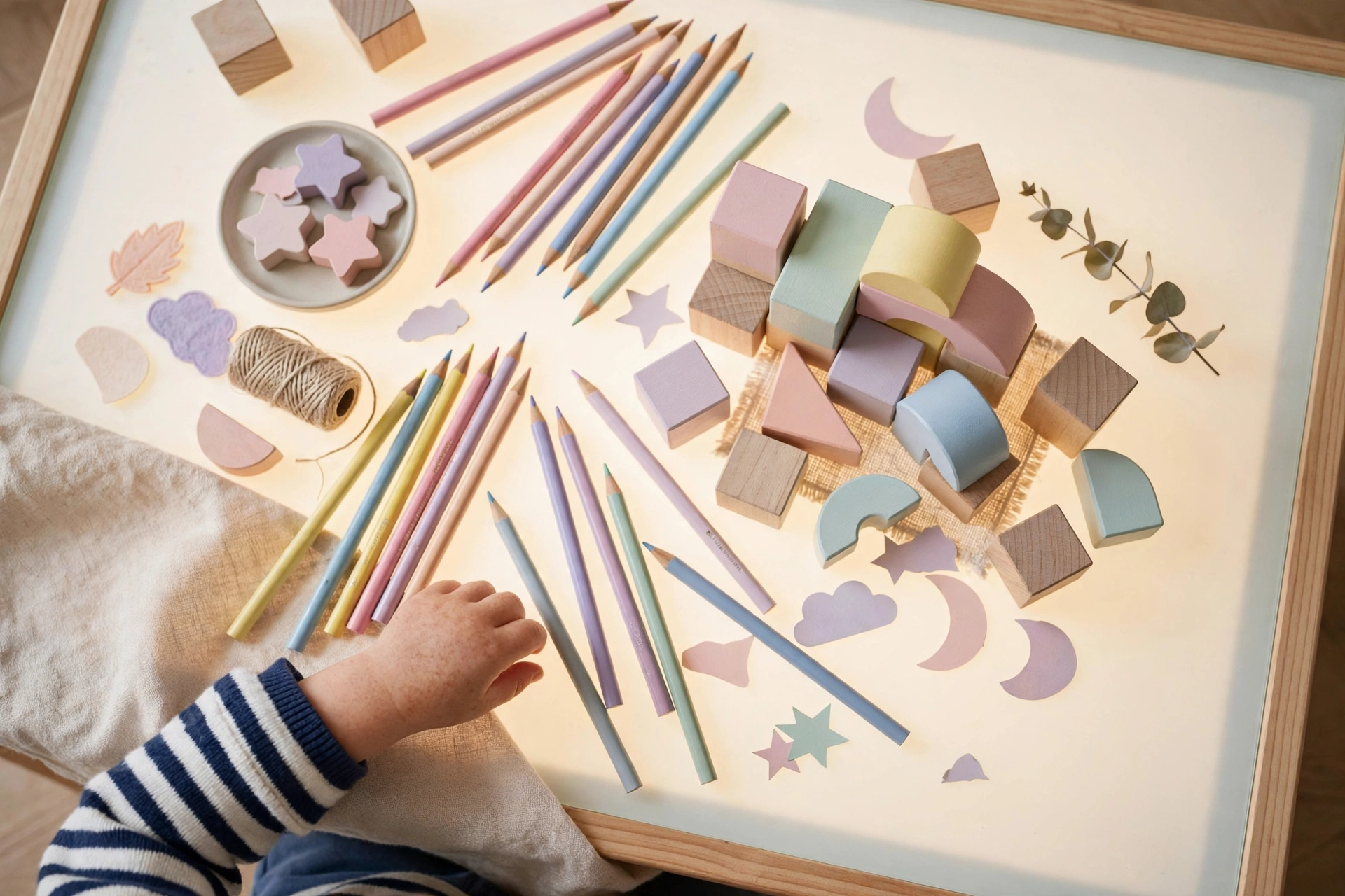 Matériel créatif pour enfants avec crayons de couleur, blocs en bois et tons pastel sur une table claire