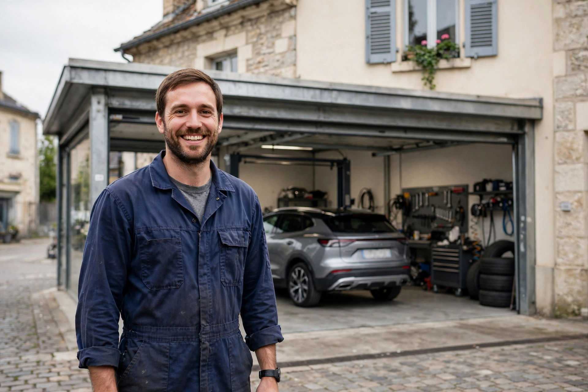 Mécanicien souriant devant un garage automobile moderne, voiture en arrière-plan