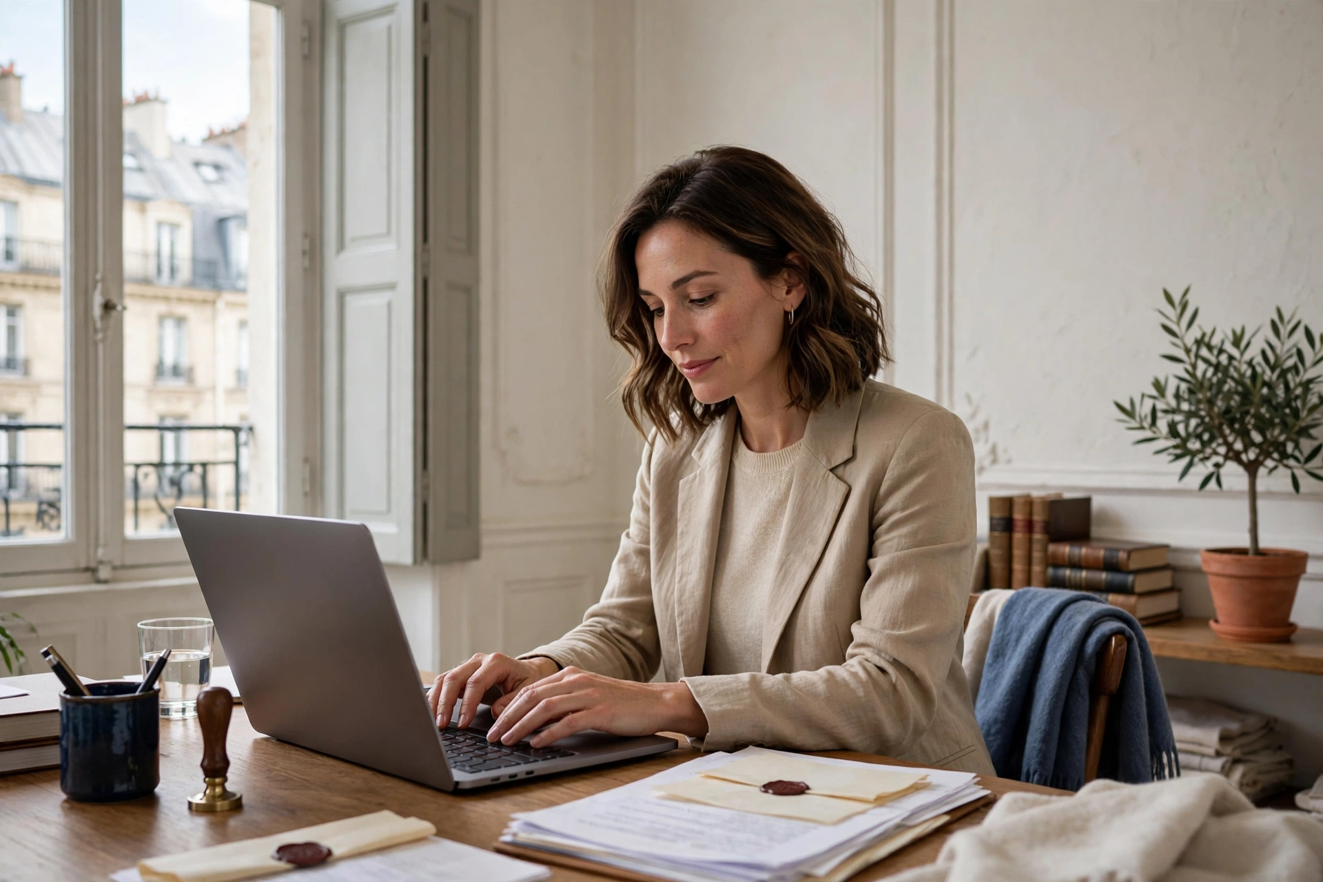 Notaire travaillant sereinement sur un ordinateur portable dans un bureau lumineux