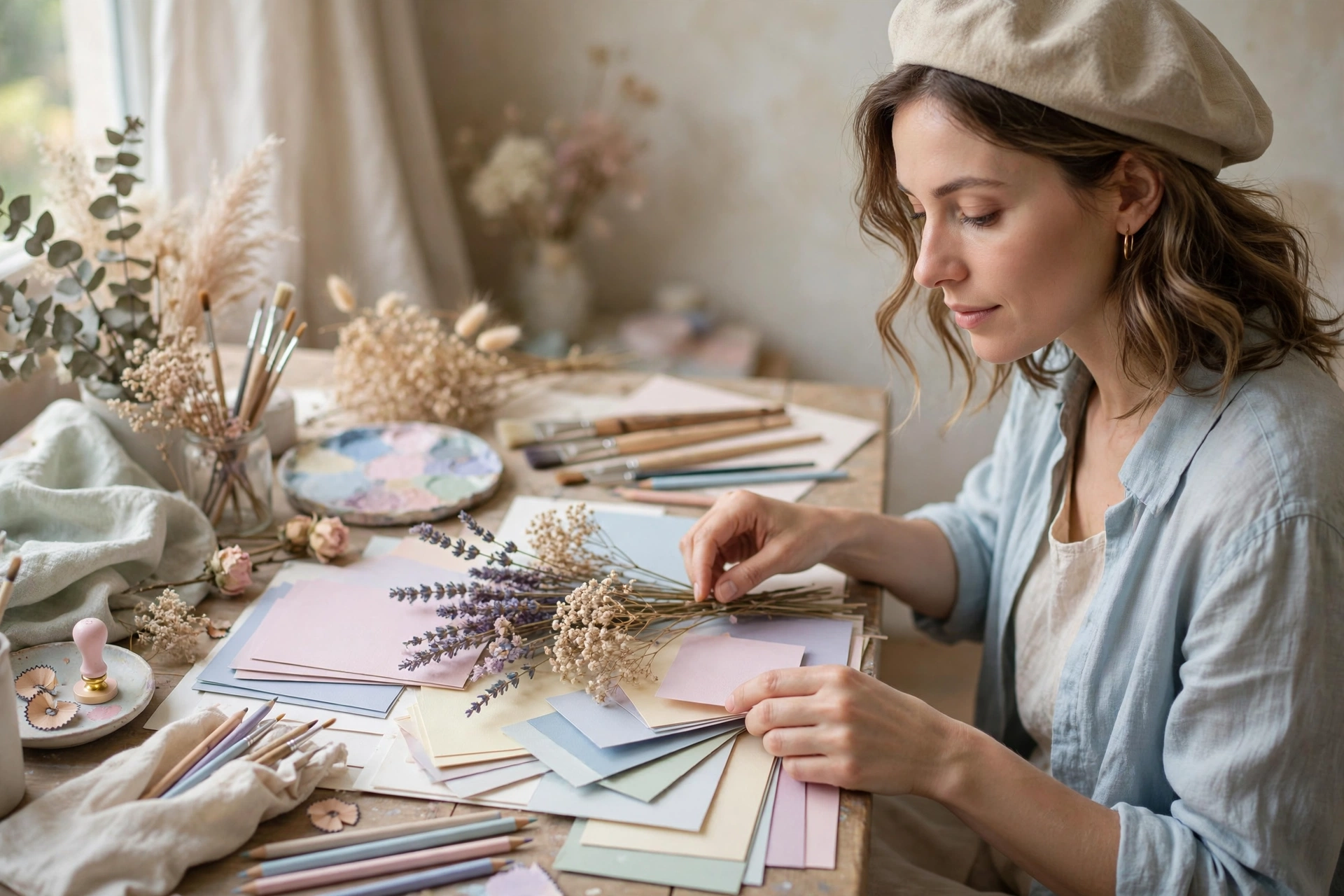 Nuancier pastel, échantillons de papier et fleurs séchées sur un bureau créatif