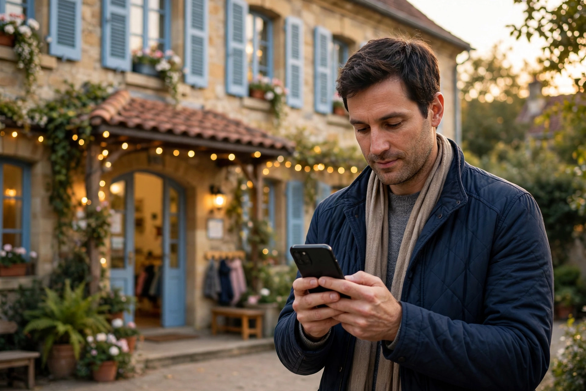 Parent consultant un smartphone devant une crèche accueillante, ambiance douce et chaleureuse