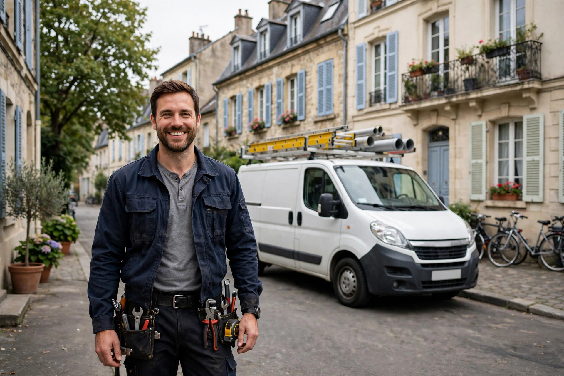 Plombier professionnel souriant devant son véhicule utilitaire, dans une rue résidentielle