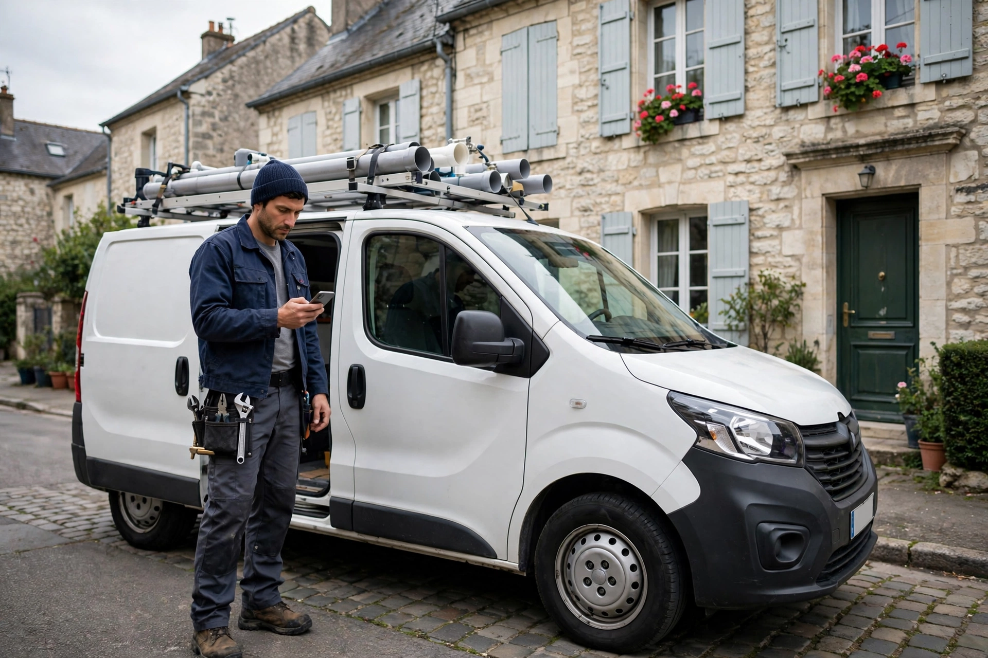 Plombier utilisant un smartphone près de son utilitaire devant une maison