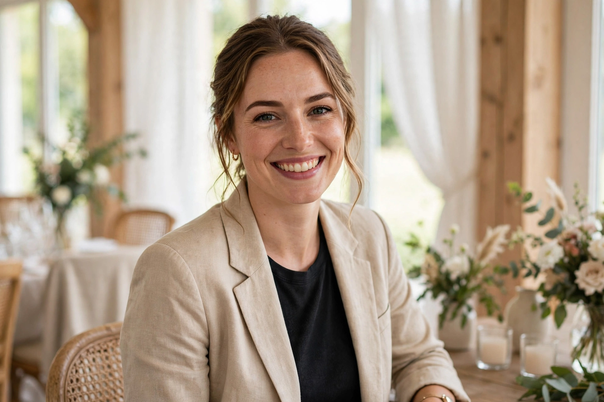 Portrait naturel d'une wedding planner souriante dans un décor de réception sobre et lumineux