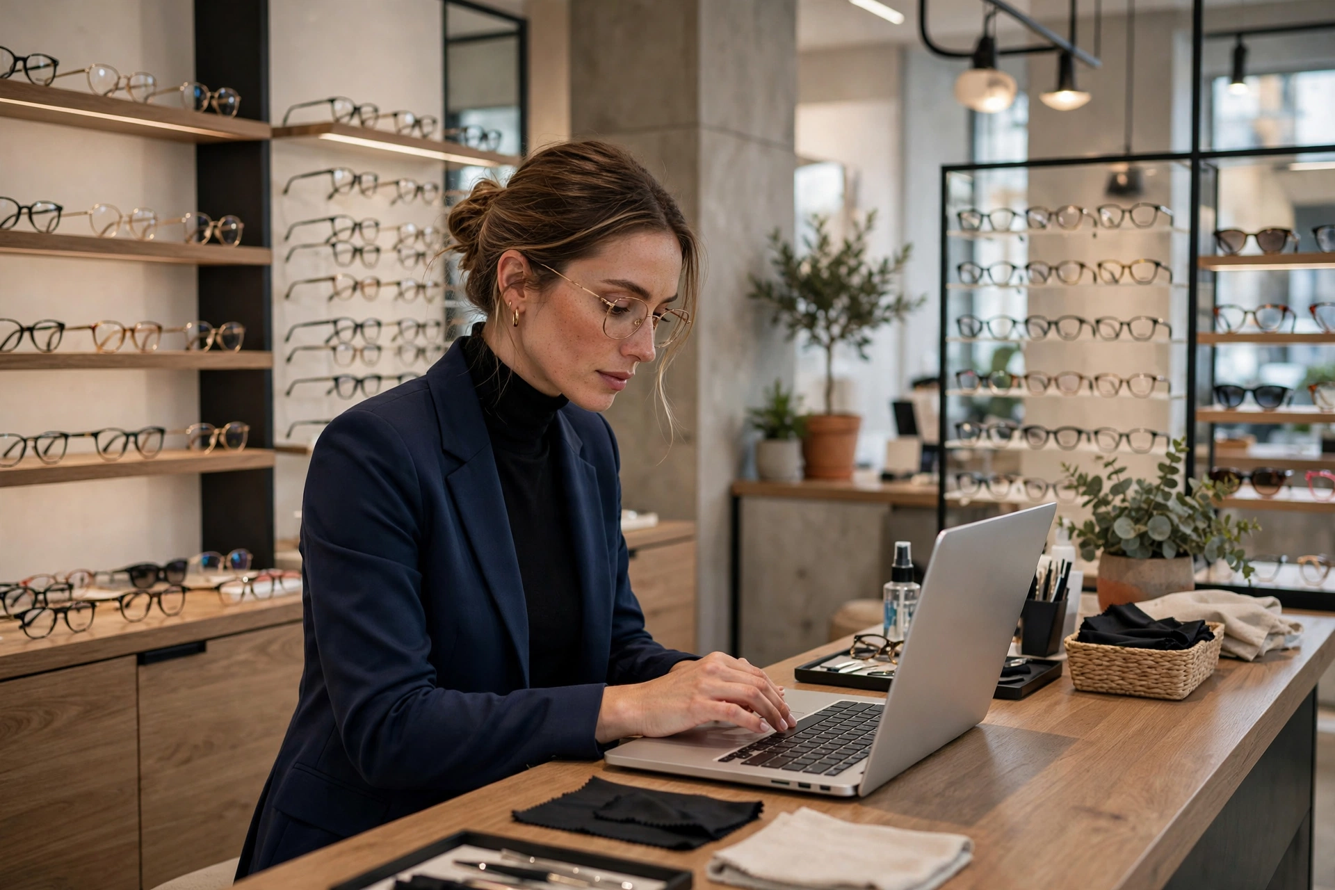 Professionnelle de l'optique utilisant un ordinateur portable dans une boutique de lunettes moderne