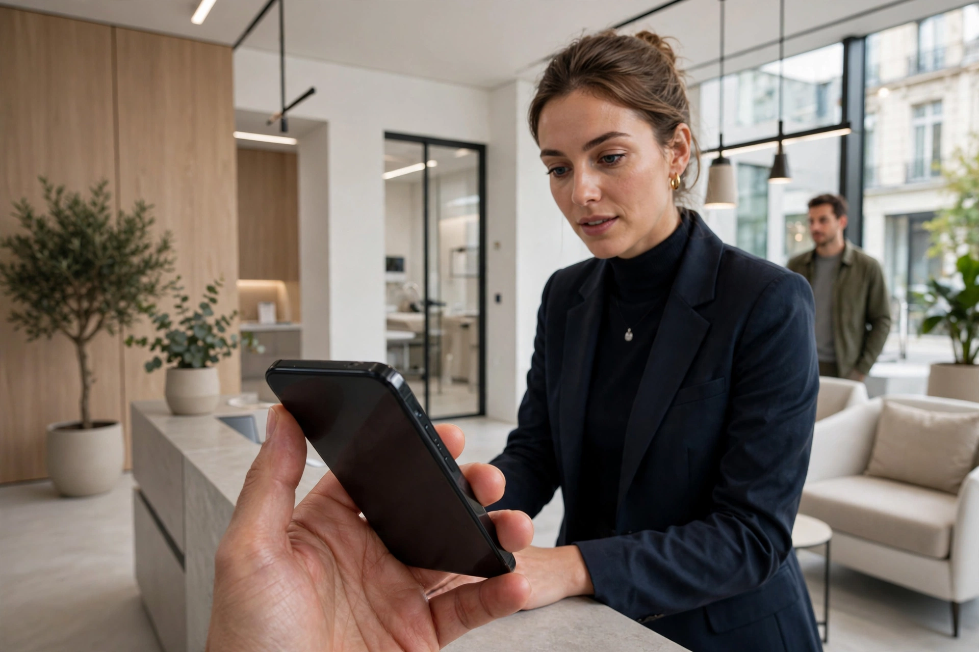 Smartphone tenu en main devant un cabinet médical moderne, style sobre et lumineux