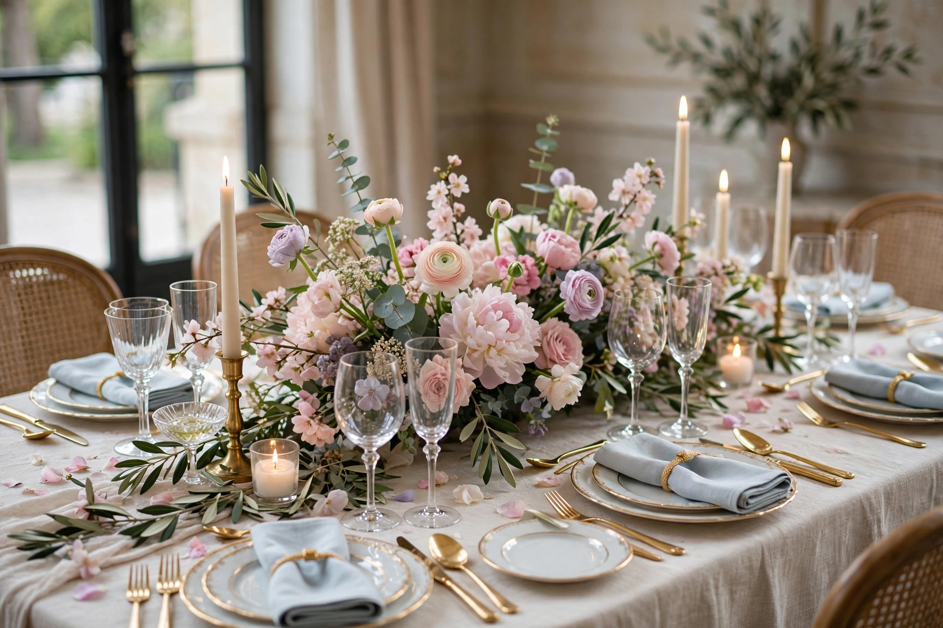 Table de mariage raffinée avec fleurs pastel, bougies et vaisselle élégante