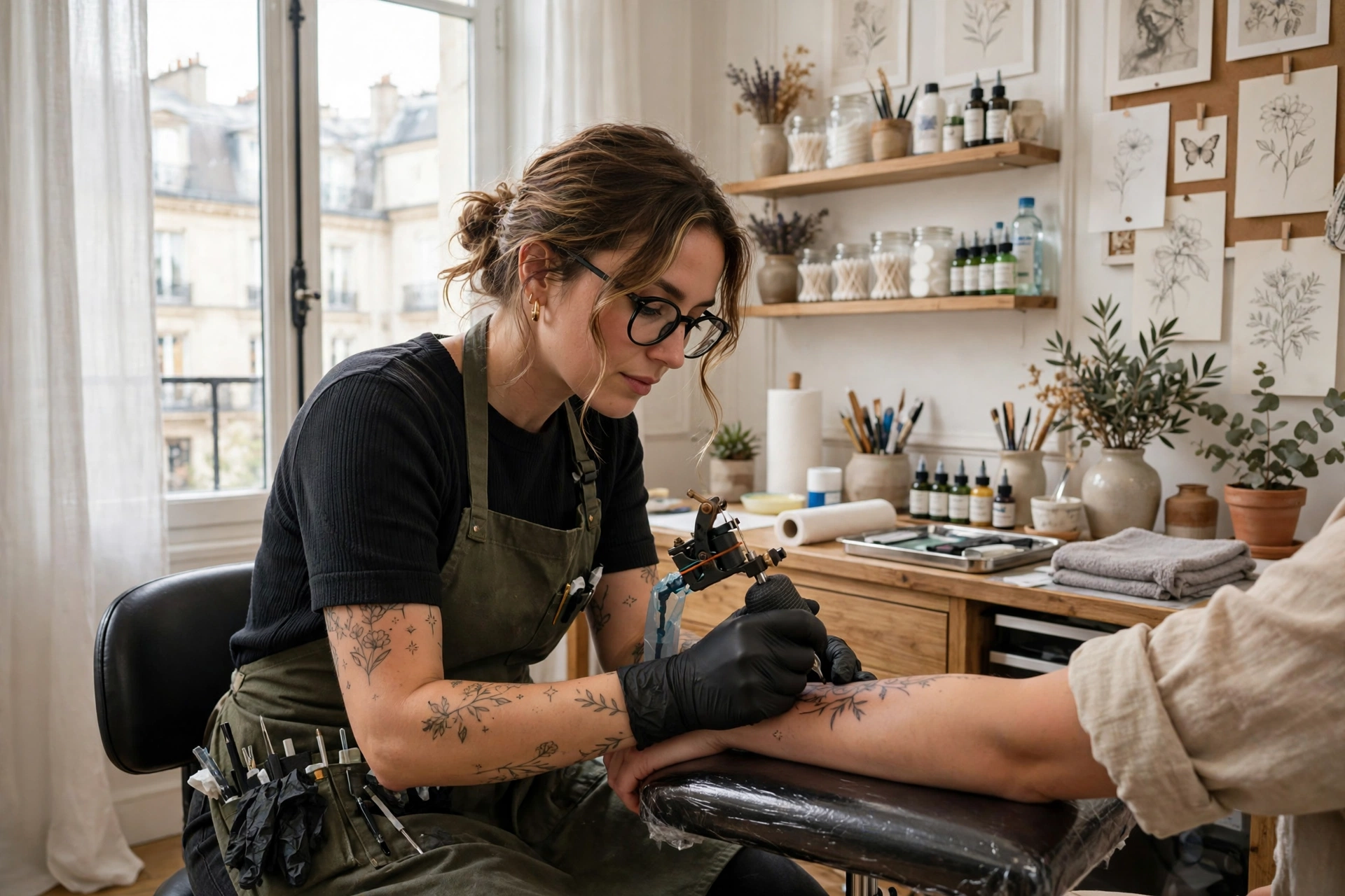 Tatoueur ou tatoueuse travaillant dans un studio lumineux et soigné, ambiance artistique, sans texte