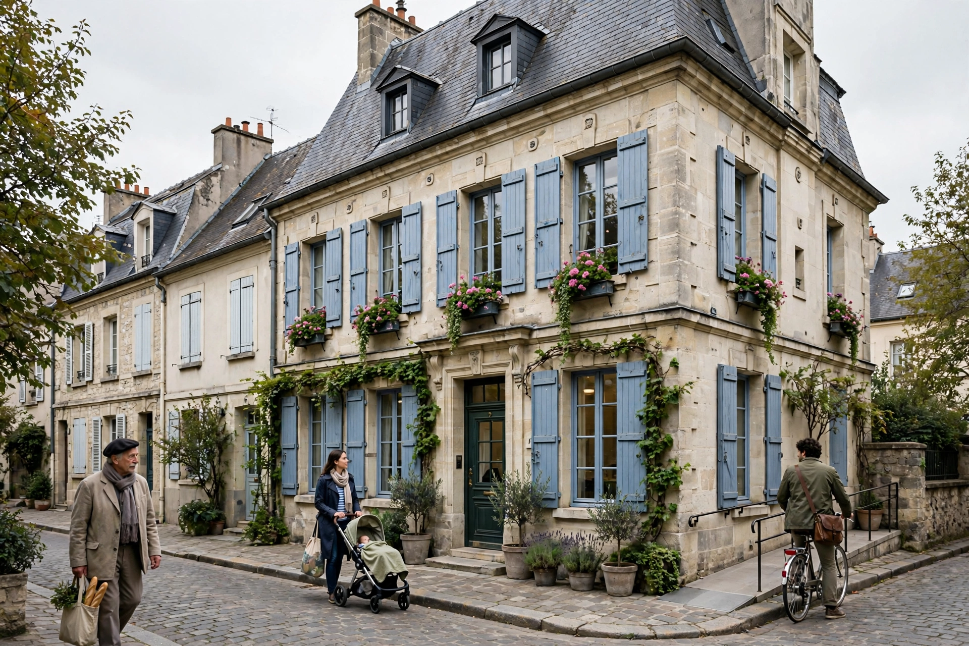 Vue extérieure élégante d'un cabinet de santé de quartier avec rue calme