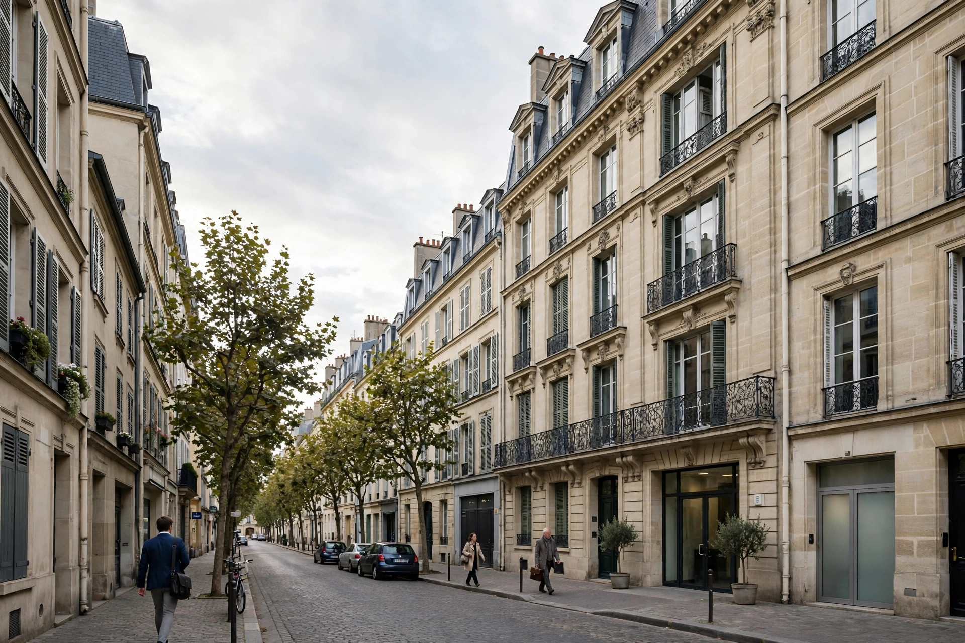 Vue urbaine d'une ville française avec rue calme et bâtiment professionnel