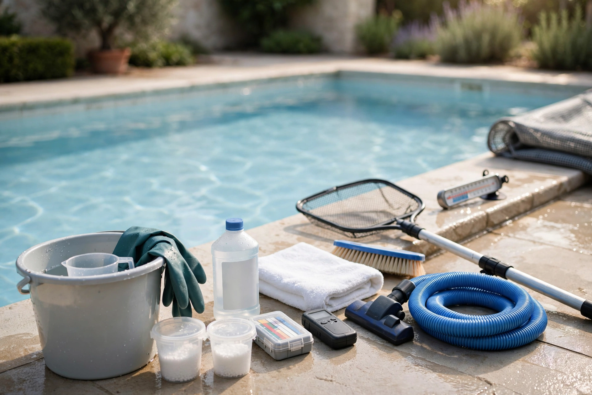 Accessoires d'entretien de piscine soigneusement disposés près d'un bassin bleu clair