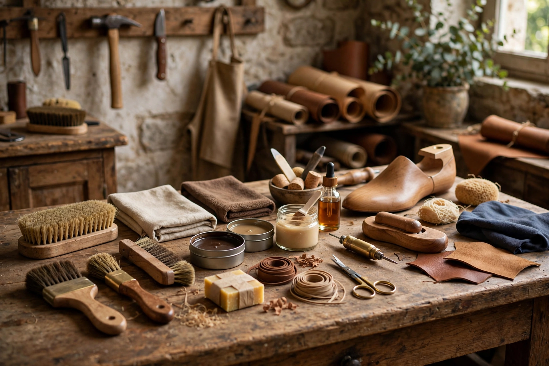 Accessoires d'entretien pour chaussures en cuir disposés sur un comptoir d'atelier