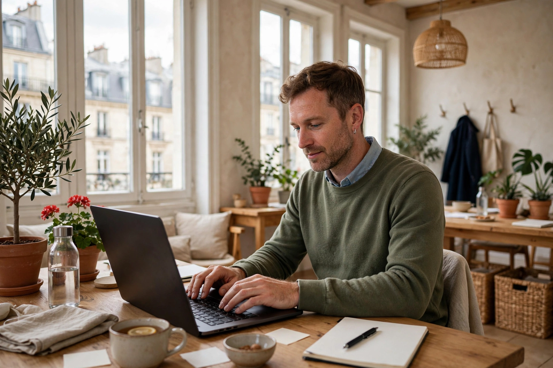 Agent communal travaillant sereinement sur un ordinateur dans un bureau lumineux