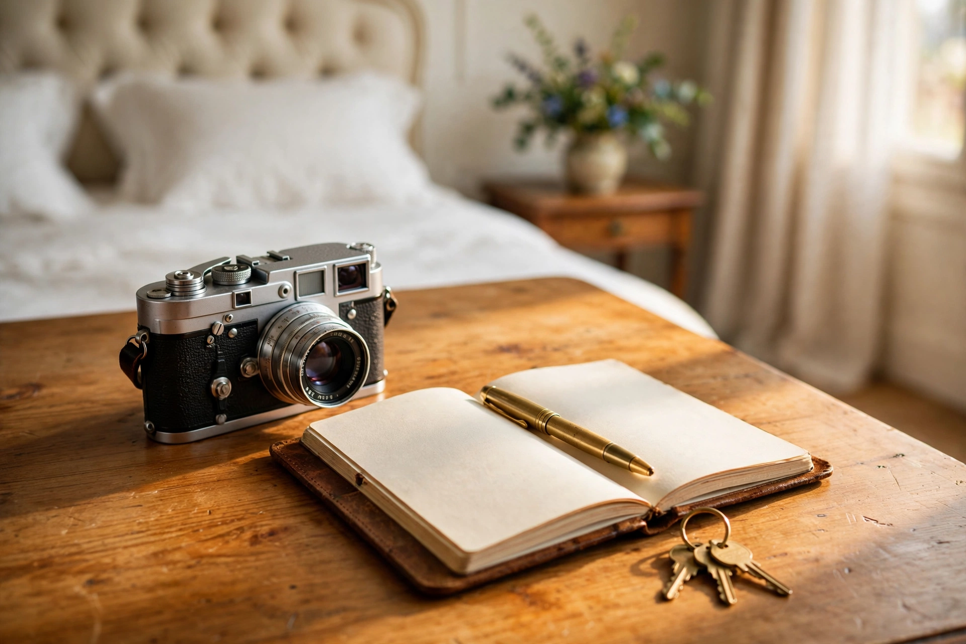 Appareil photo, carnet et clés posés sur une table en bois dans une chambre d'hôtes élégante