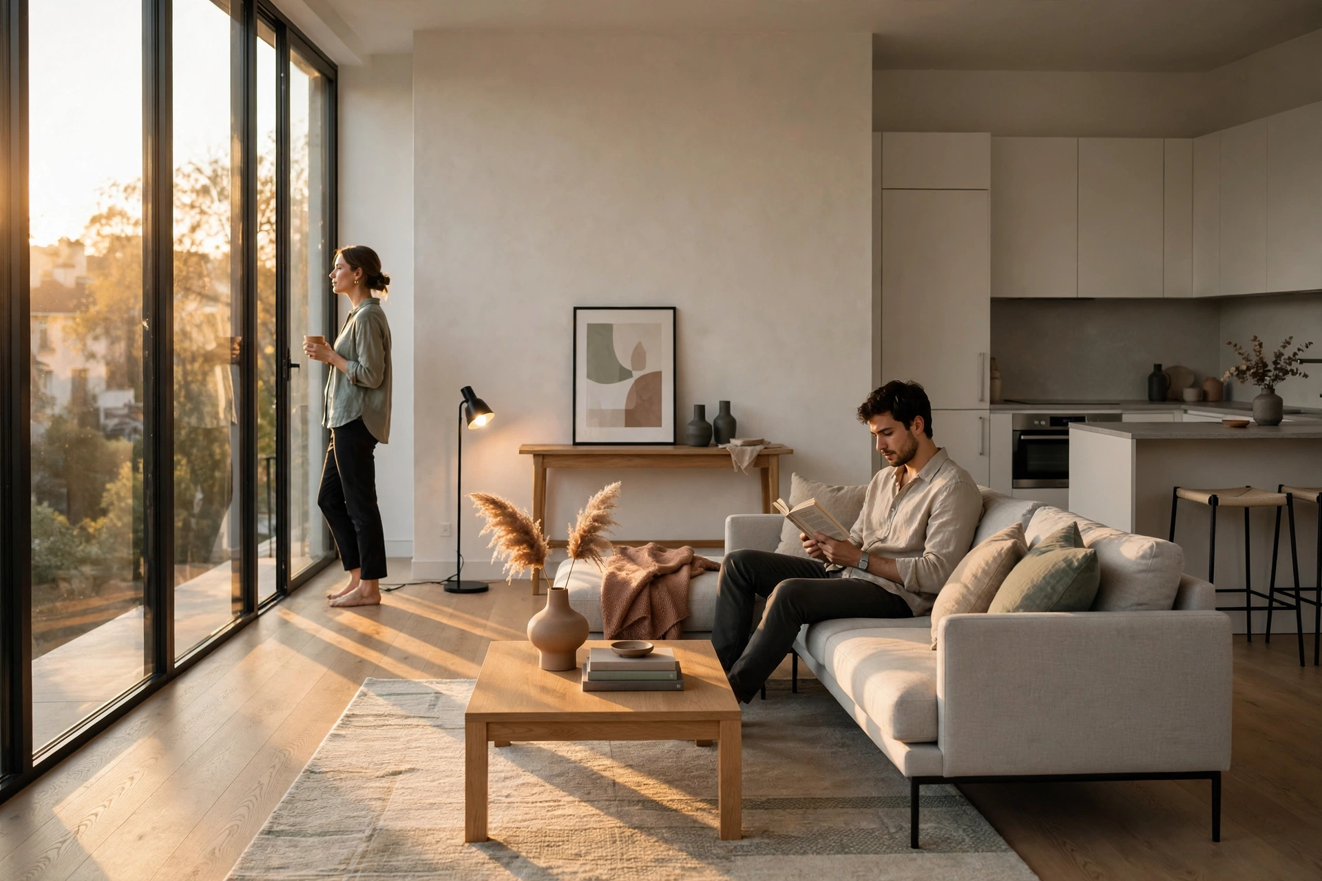 Appartement élégant et épuré avec lumière de fin de journée et perspectives droites