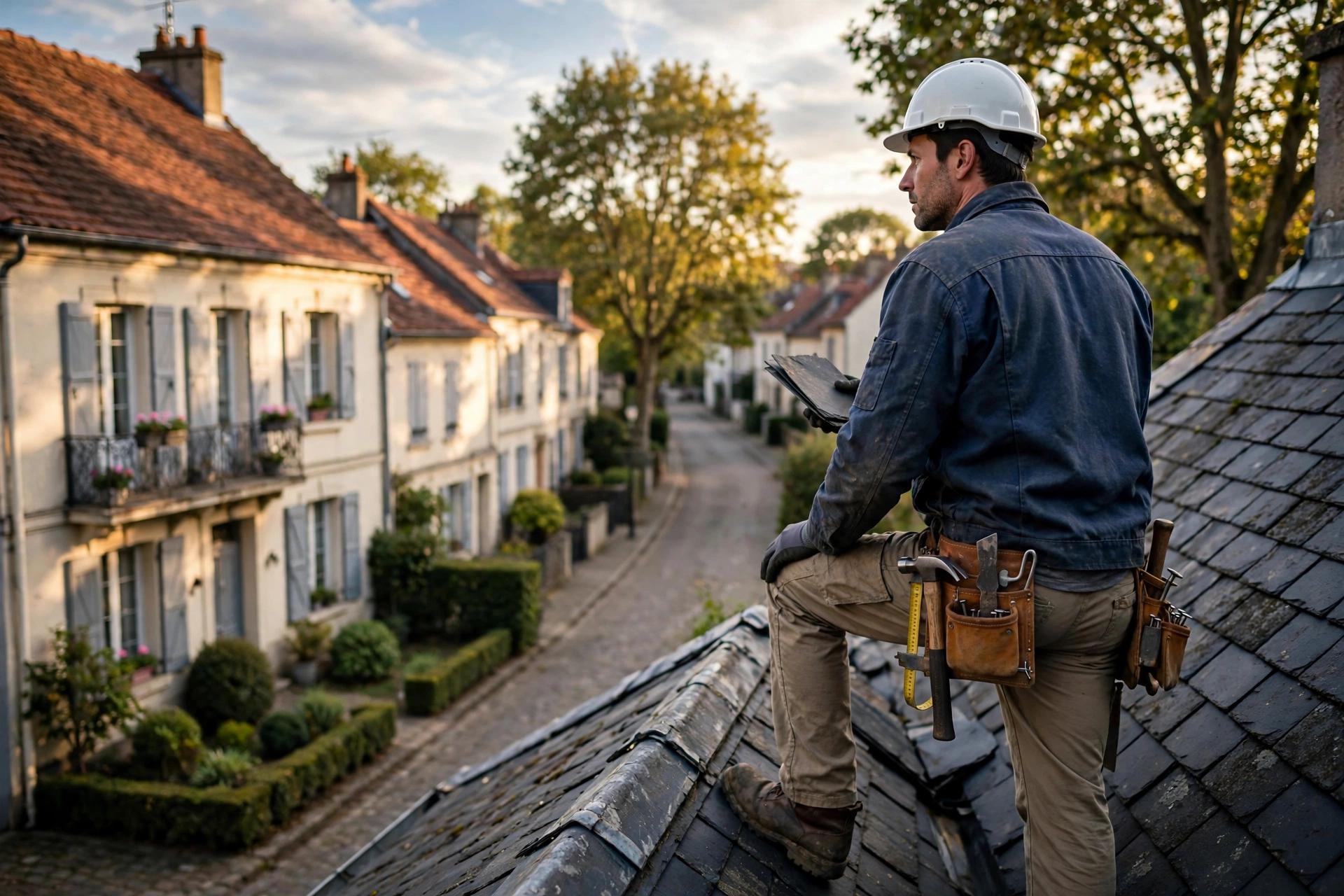 Artisan couvreur sur un toit résidentiel, observant une maison dans un quartier français