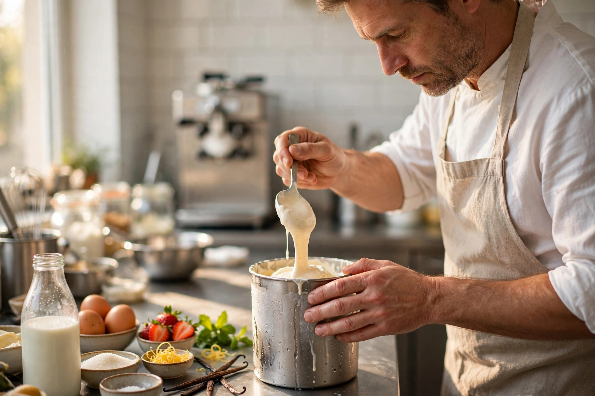 Artisan glacier préparant une glace dans son laboratoire