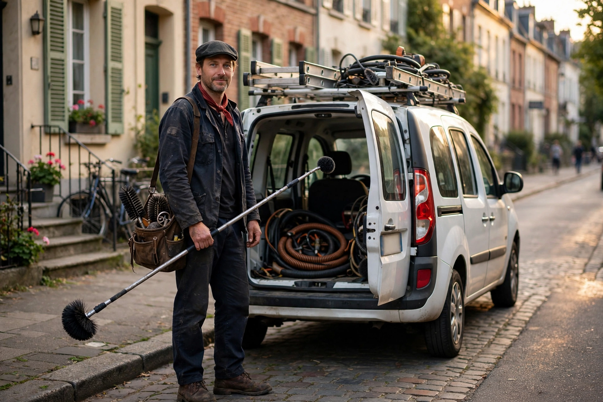 Artisan ramoneur à côté de son véhicule utilitaire dans une rue résidentielle