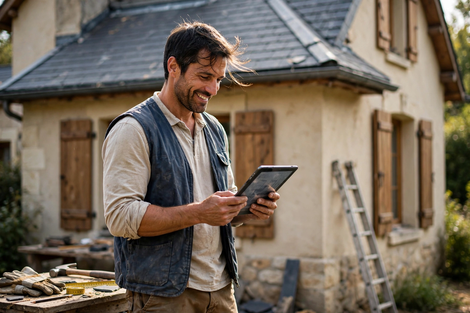 Artisan souriant utilisant une tablette devant une maison avec toiture rénovée