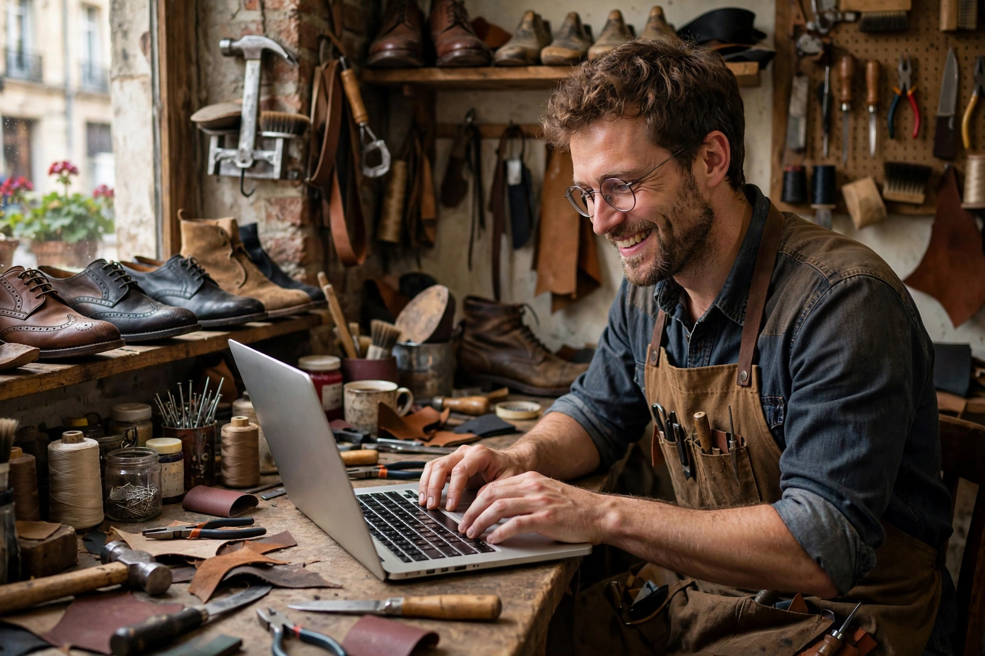 Artisane souriante utilisant un ordinateur portable dans un atelier de réparation de chaussures