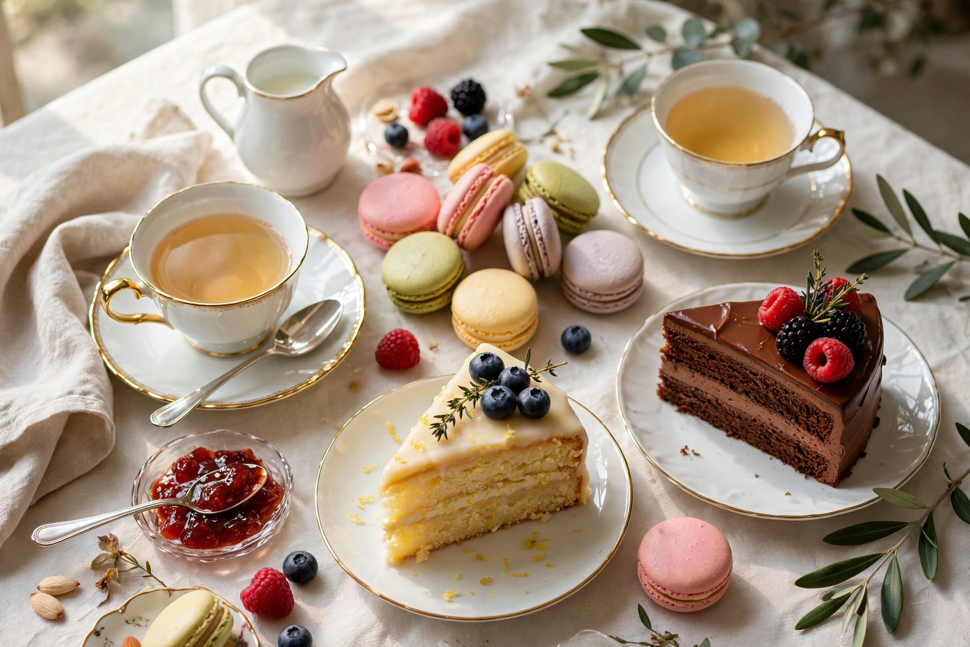 Assortiment raffiné de tasses de thé, macarons et parts de gâteau sur une table lumineuse.