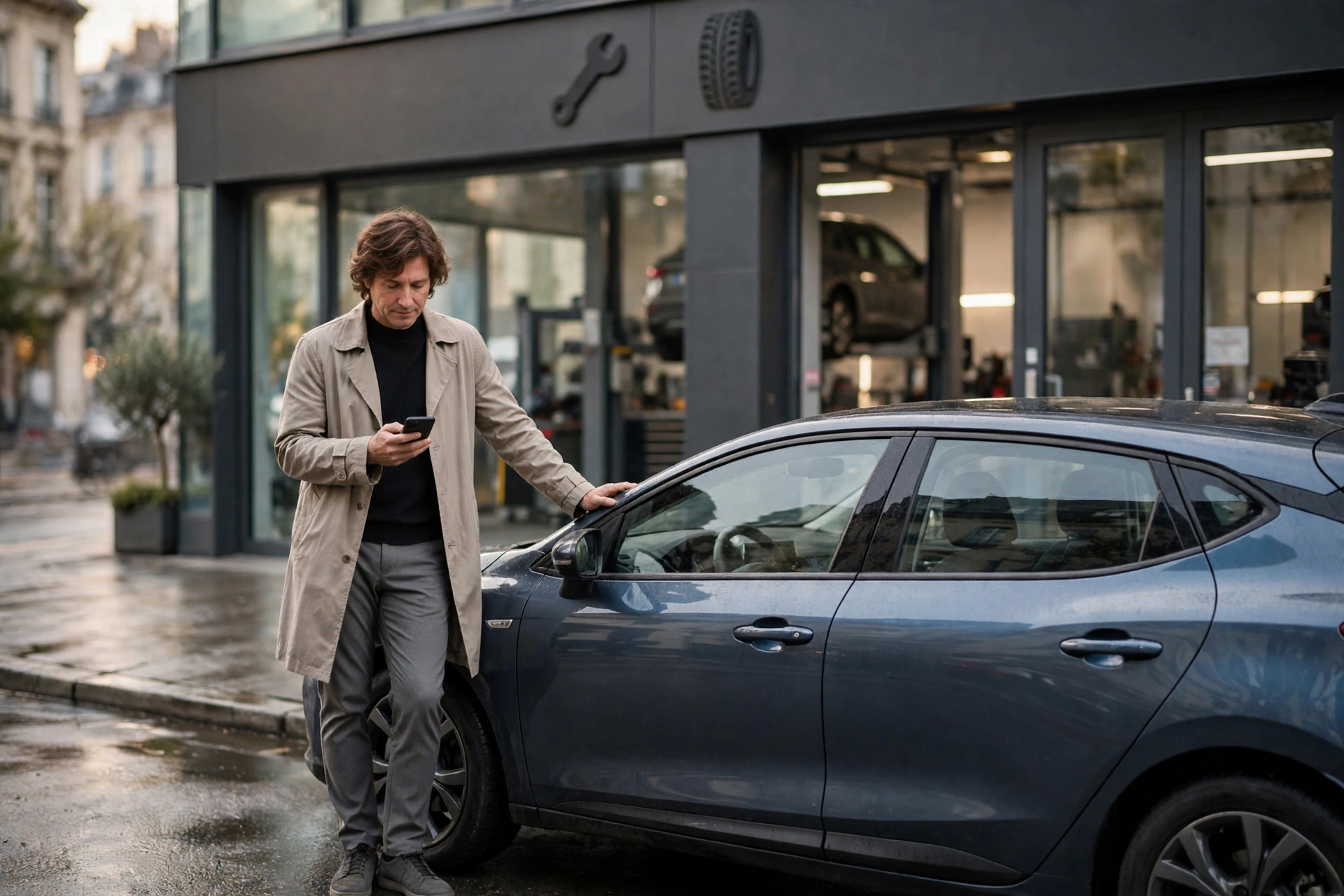 Automobiliste consultant son smartphone devant un centre automobile, ambiance urbaine discrète.
