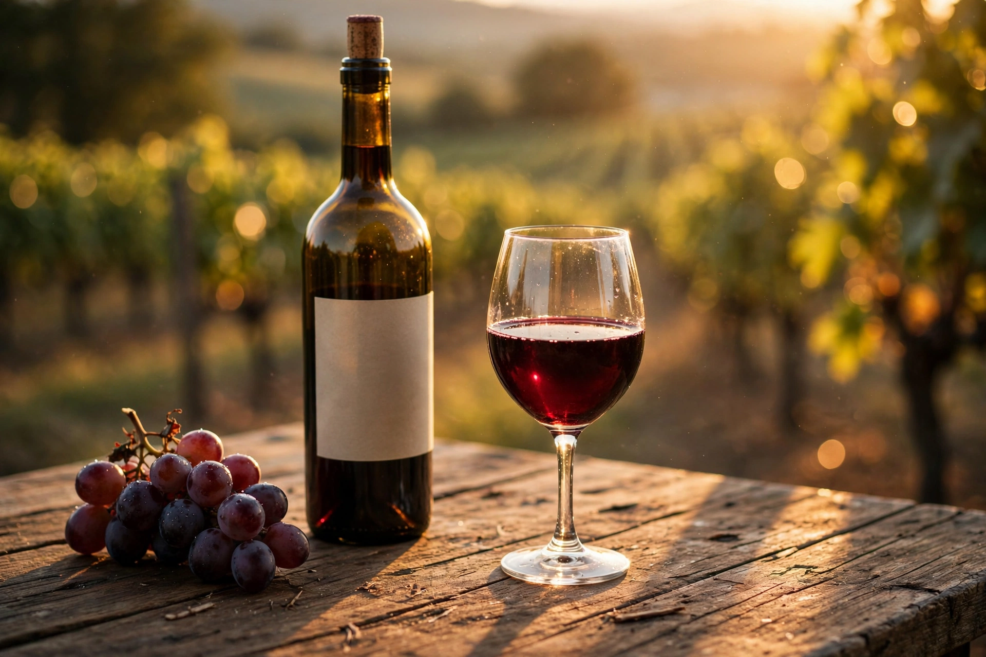 Bouteille de vin et verre posé sur une table en bois avec raisins et vignoble flou en arrière-plan