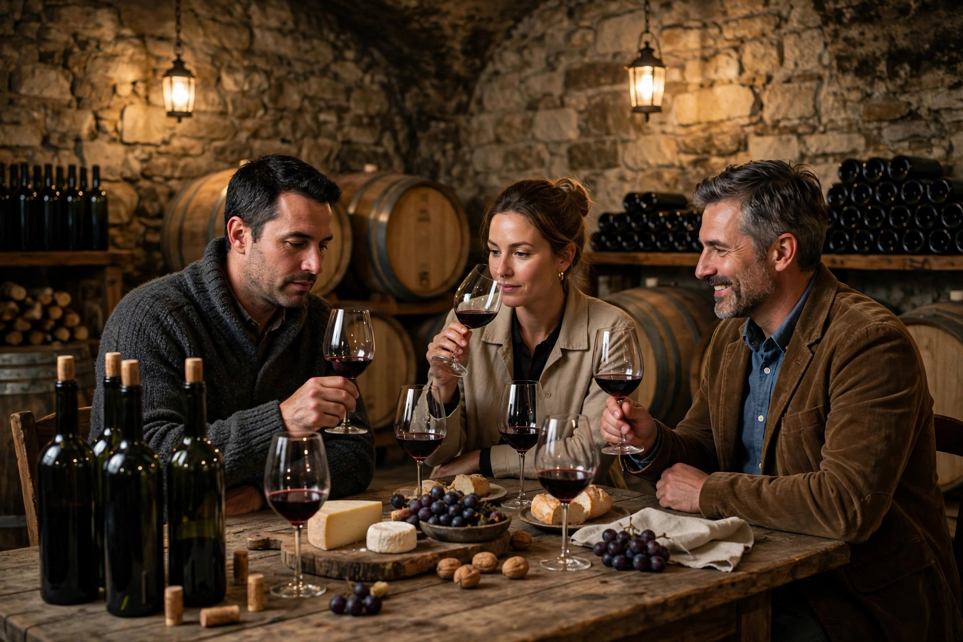 Bouteilles de vin et verres dégustés sur une table en bois dans une cave