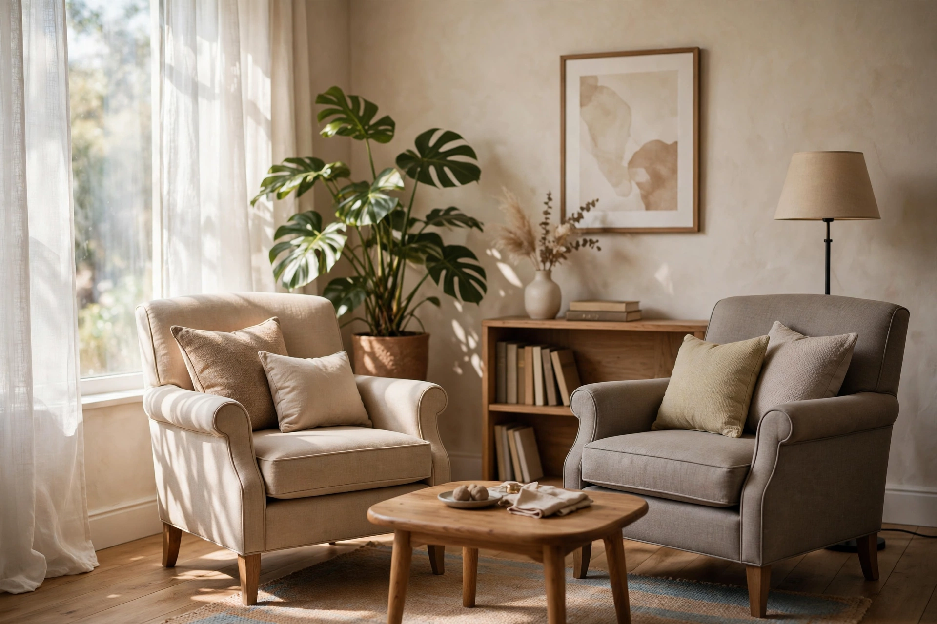 Bureau de consultation chaleureux avec fauteuils, plante verte et lumière naturelle
