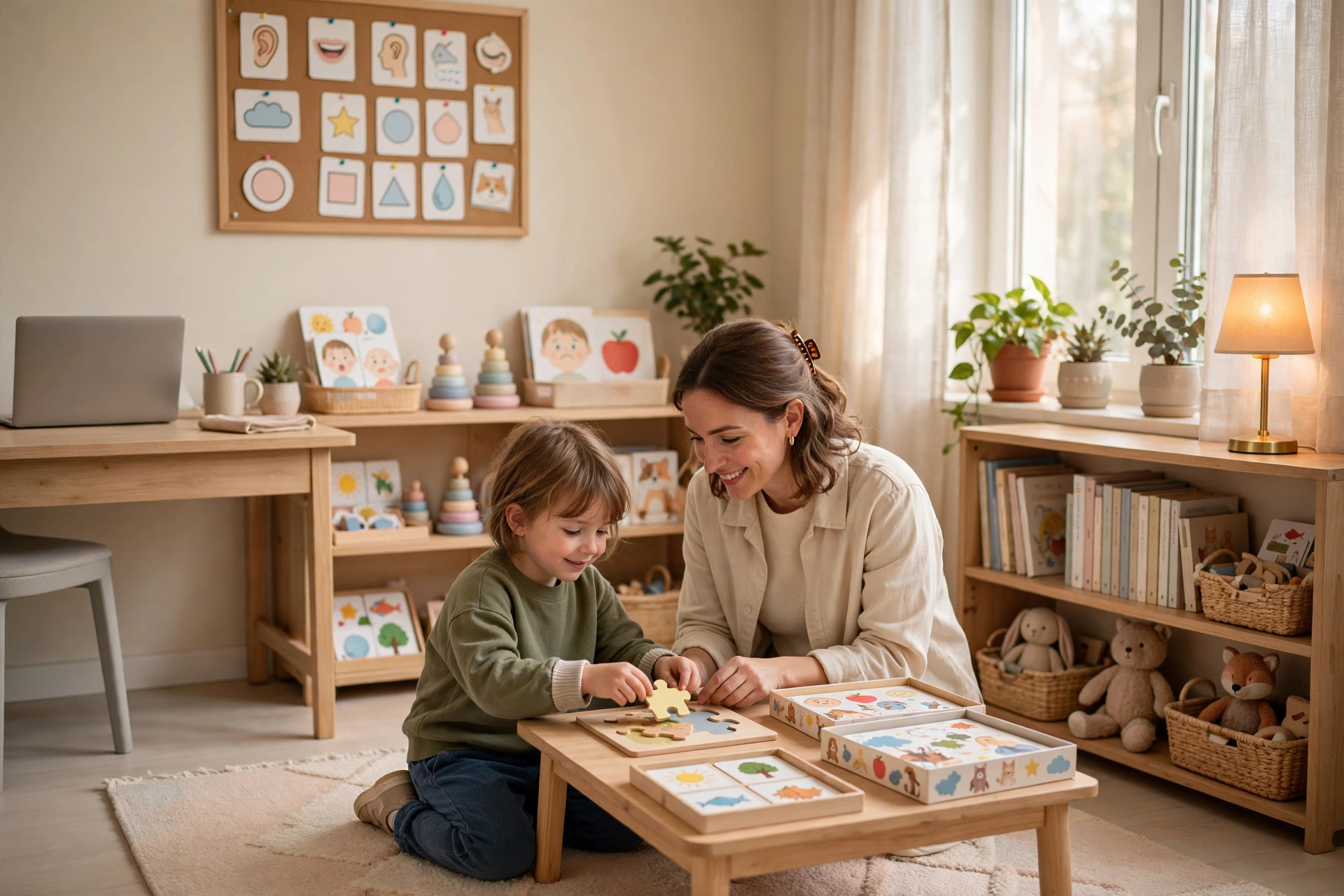 Bureau d'orthophonie soigné avec jeux éducatifs, livres et lumière naturelle.