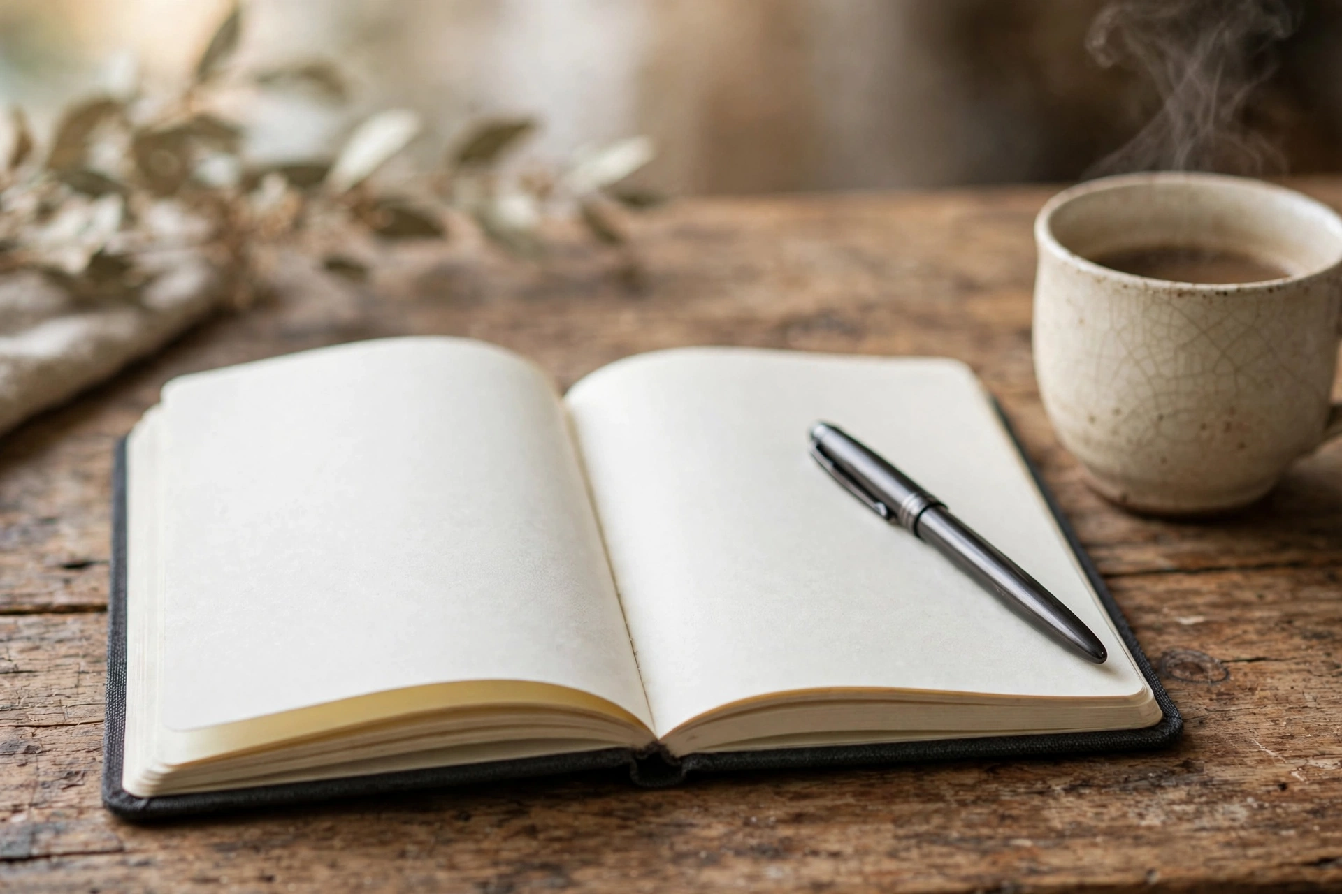 Carnet, stylo et tasse sur une table en bois dans une ambiance douce