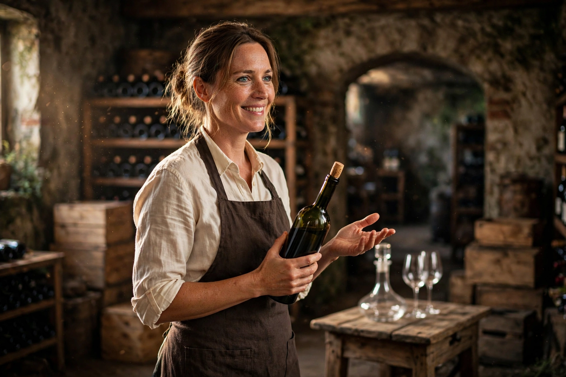 Caviste souriant dans une cave à vin chaleureuse, entouré de bouteilles