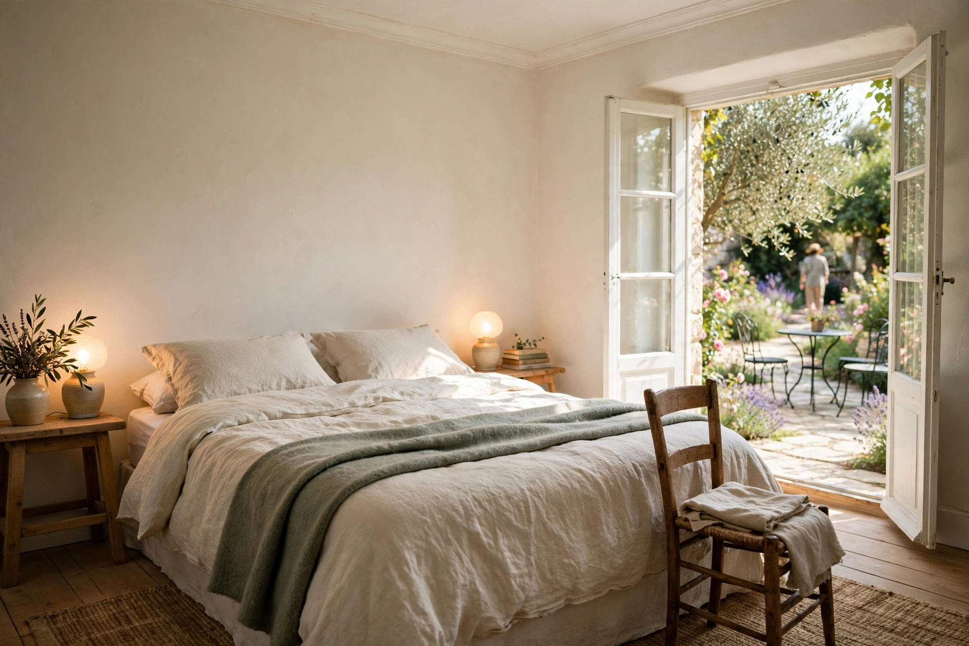 Chambre d'hôtes lumineuse avec linge de lit naturel, fenêtre ouverte sur un jardin