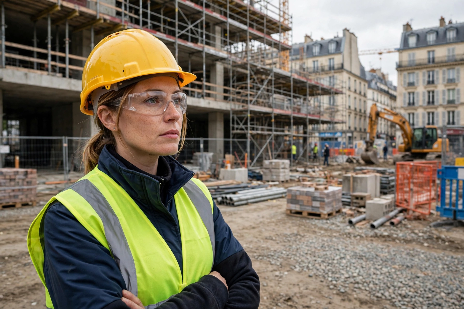 Chantier contemporain observé par une ingénieure portant un casque de sécurité
