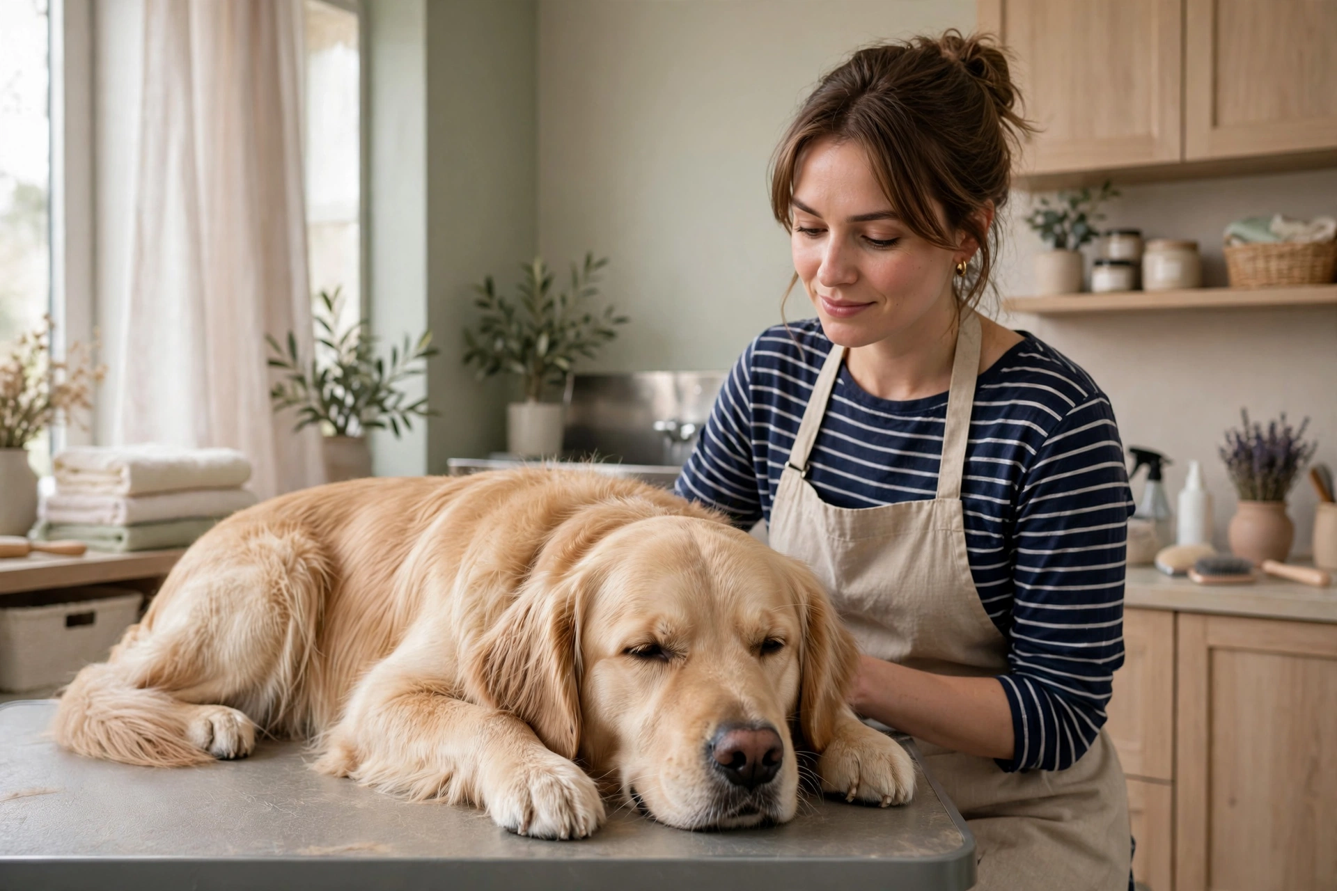 Chien propre et détendu dans un décor de salon de toilettage aux couleurs douces