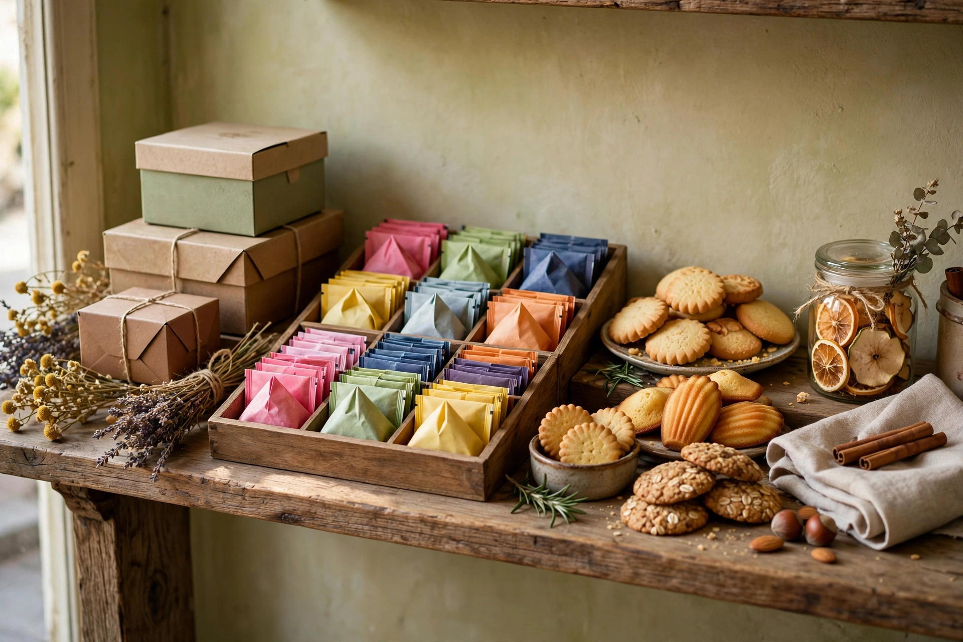 Coffrets de thé artisanaux, sachets colorés et biscuits présentés sur une étagère en bois.