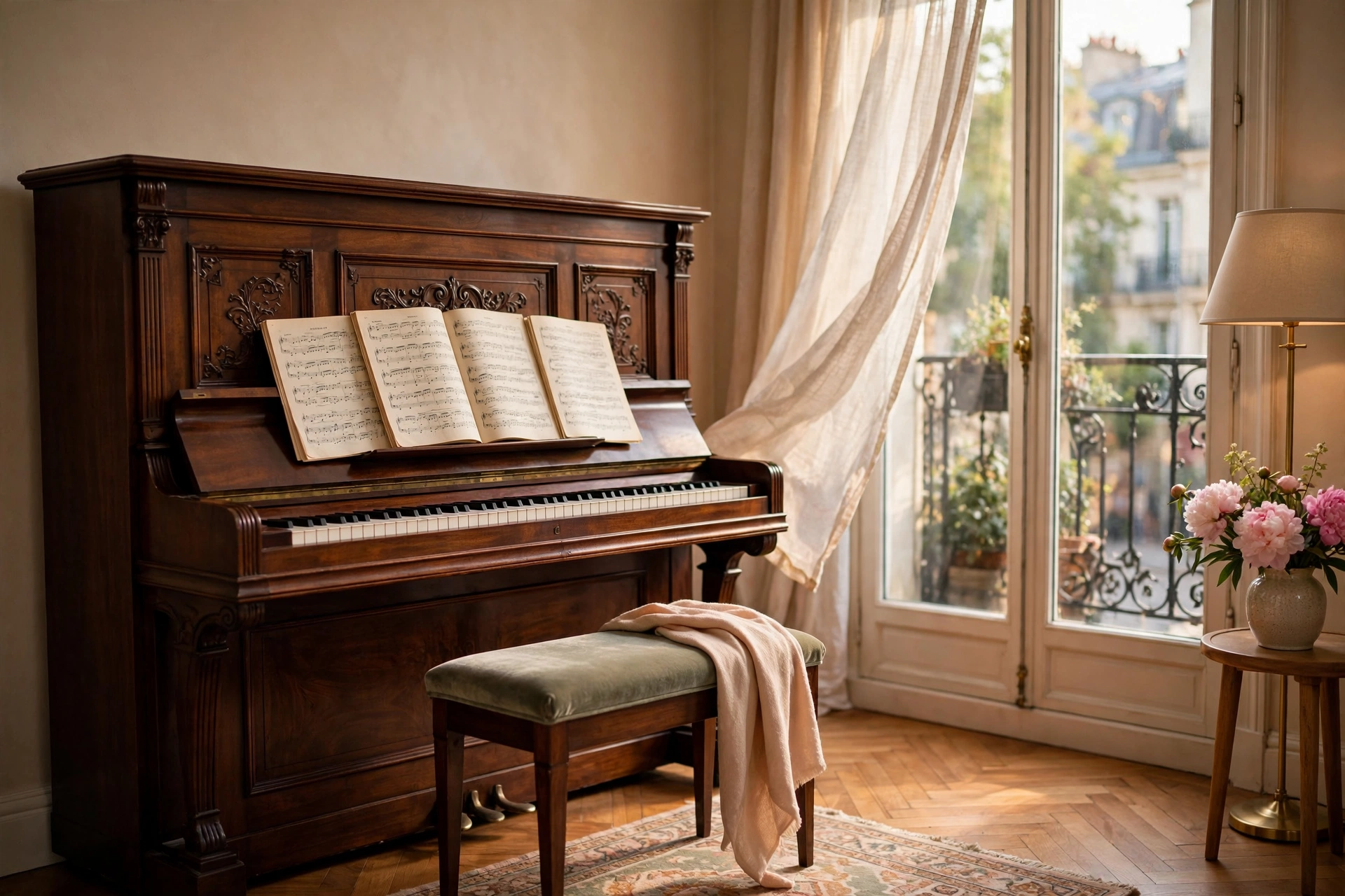 Coin studio élégant avec piano droit, partitions ouvertes et lumière naturelle douce.
