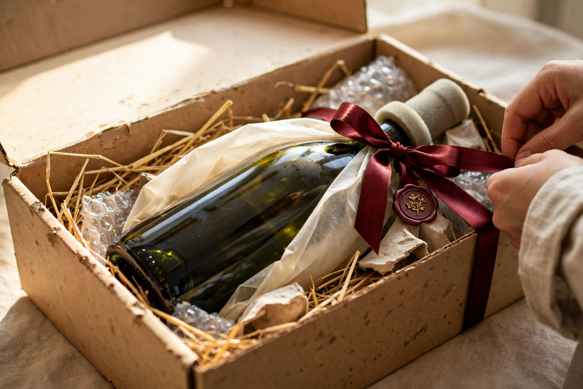 Colis de vin soigneusement préparé avec bouteille protégée et ruban élégant