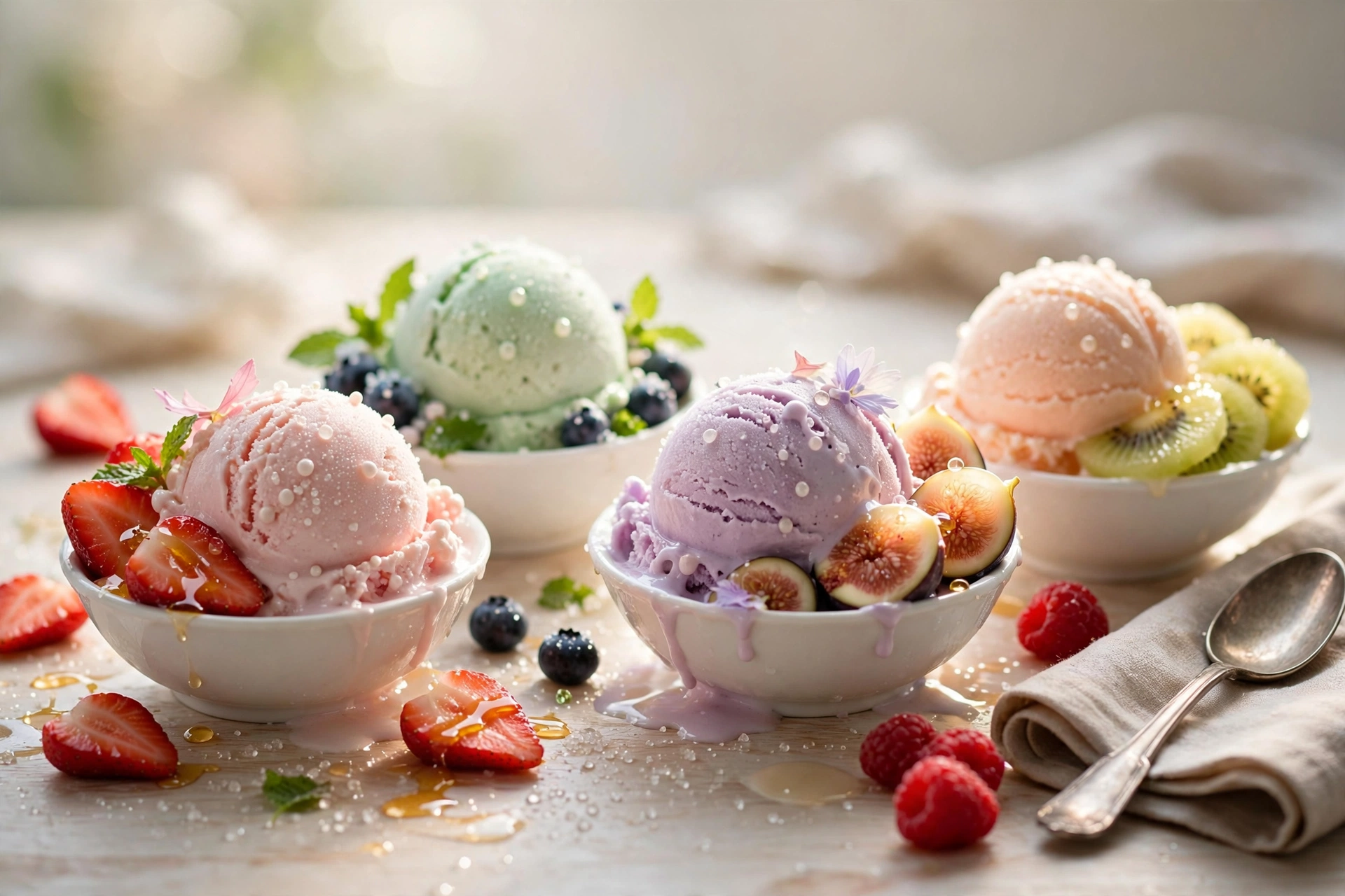 Composition élégante de boules de glace pastel et fruits frais sur une table claire