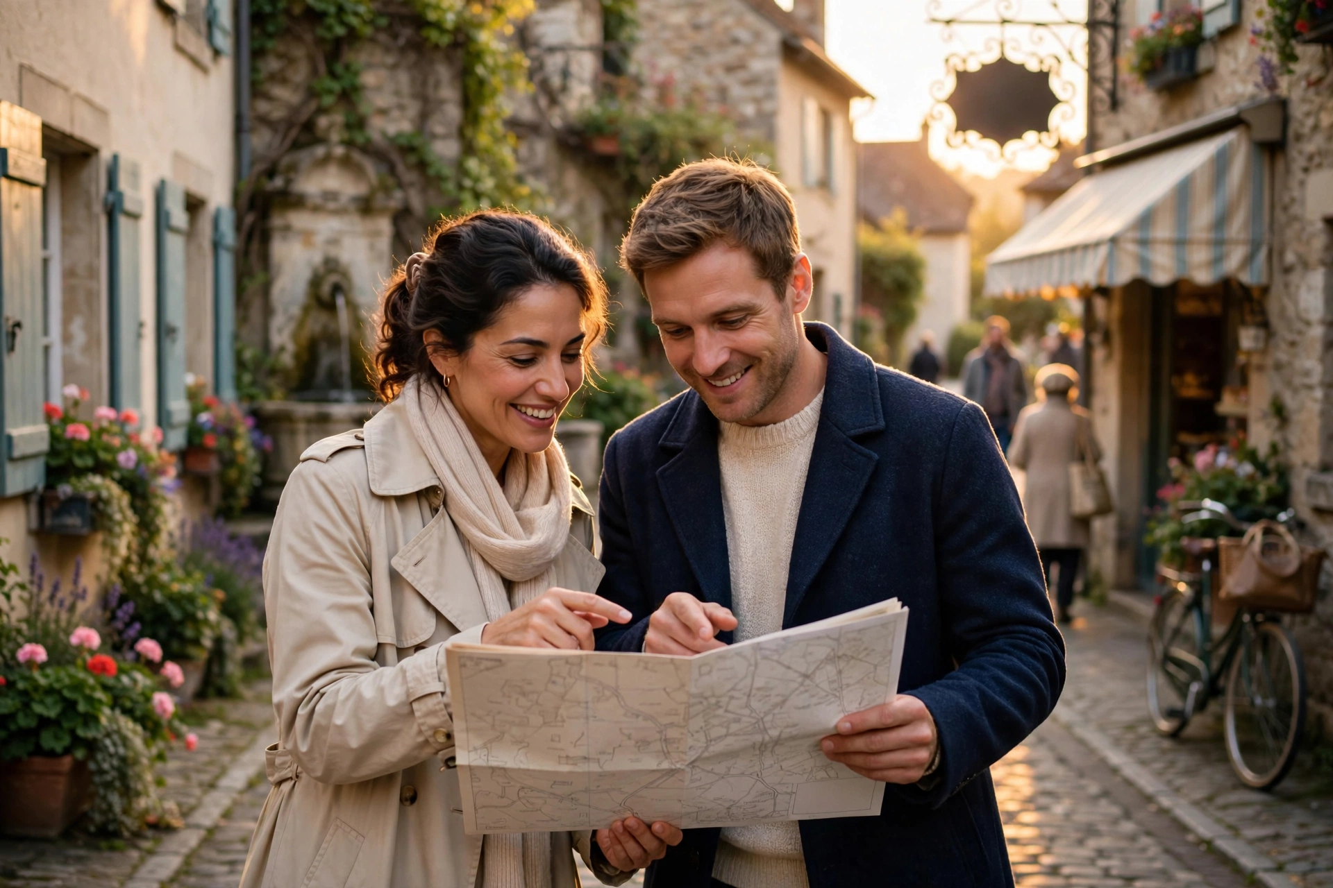 Couple consultant une carte lors d'une promenade dans un village pittoresque