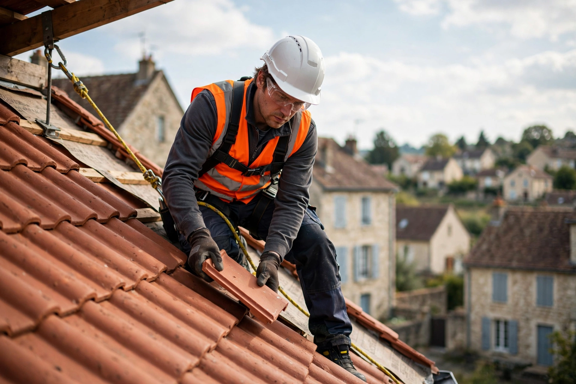 Couvreur équipé travaillant sur une toiture en tuiles, vue lumineuse et professionnelle