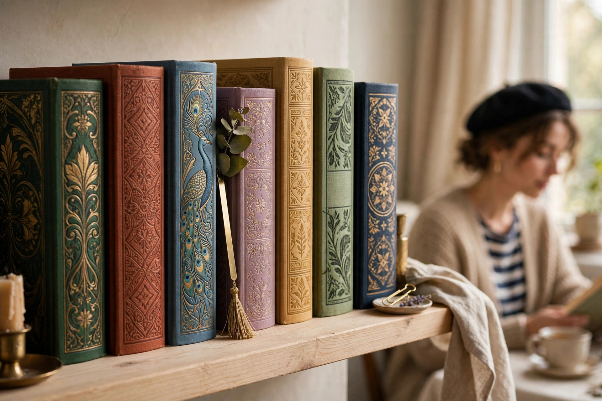Détail esthétique de couvertures de livres variées sur une étagère en bois clair