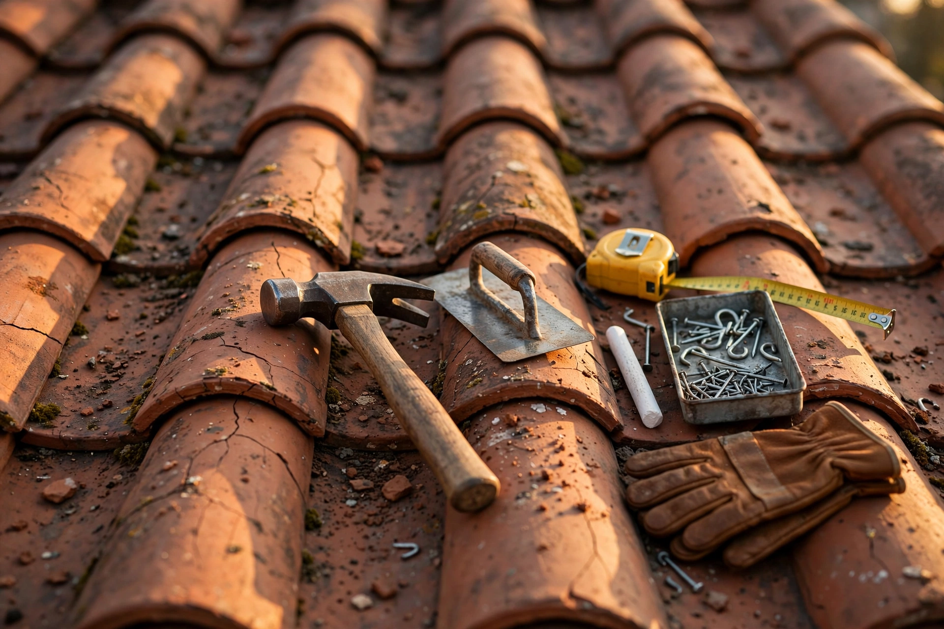 Détail esthétique de tuiles de toiture avec outils de couvreur soigneusement posés
