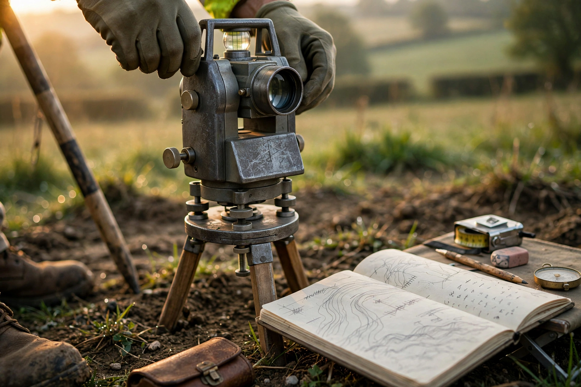 Détail esthétique d'un niveau topographique et d'un carnet sur le terrain