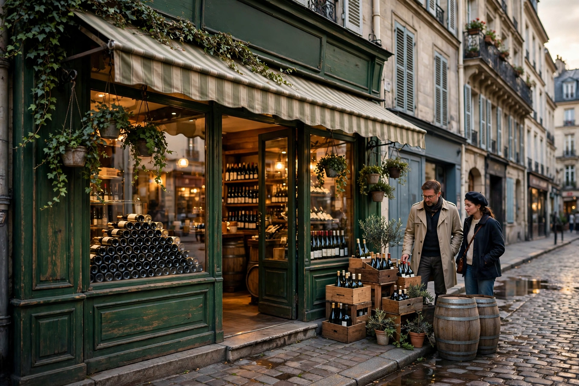 Devanture accueillante d'une cave à vin indépendante dans une rue de centre-ville