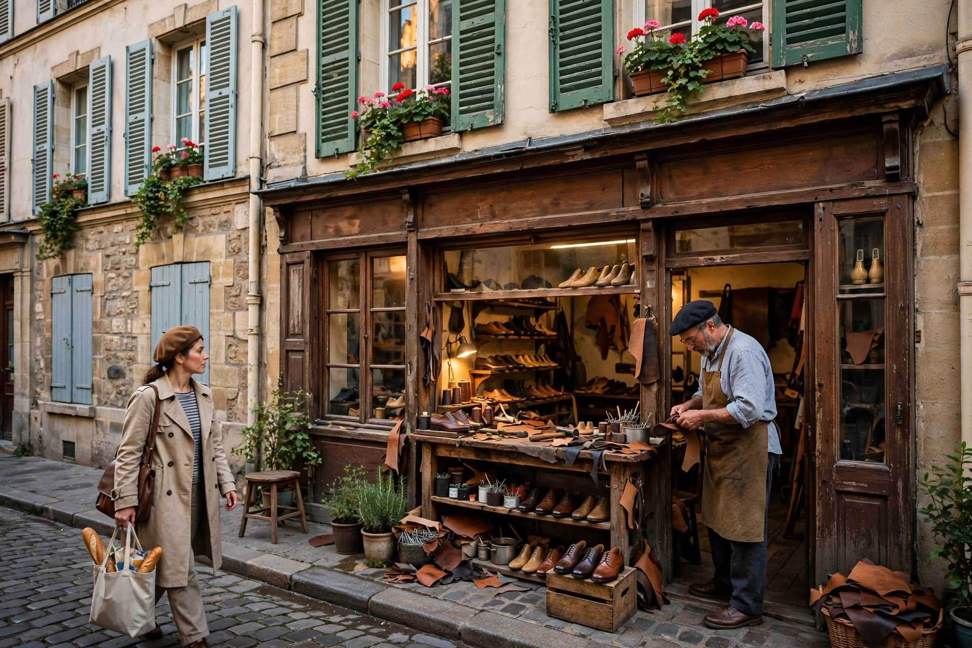 Devanture chaleureuse d'un atelier de cordonnerie artisanal dans une rue de quartier