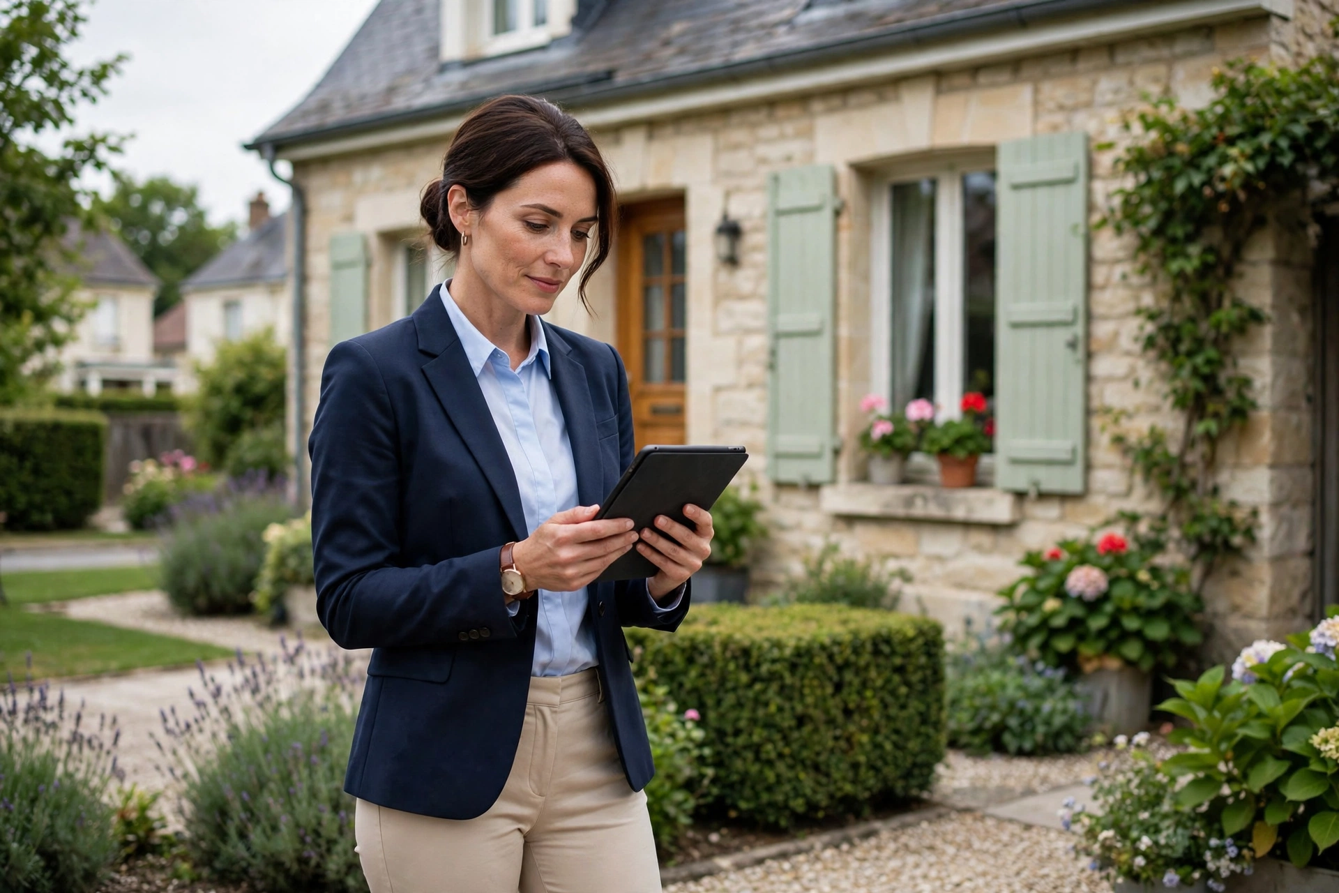Diagnostiqueur immobilier devant une maison, tablette à la main