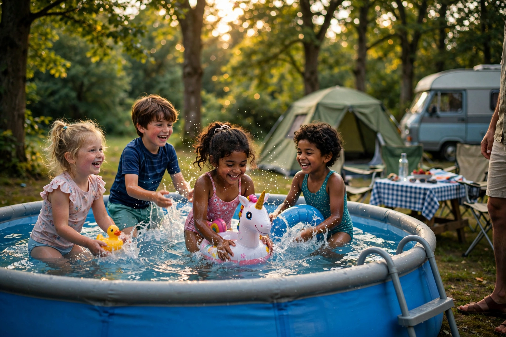 Enfants jouant près d'une piscine de camping entourée d'arbres